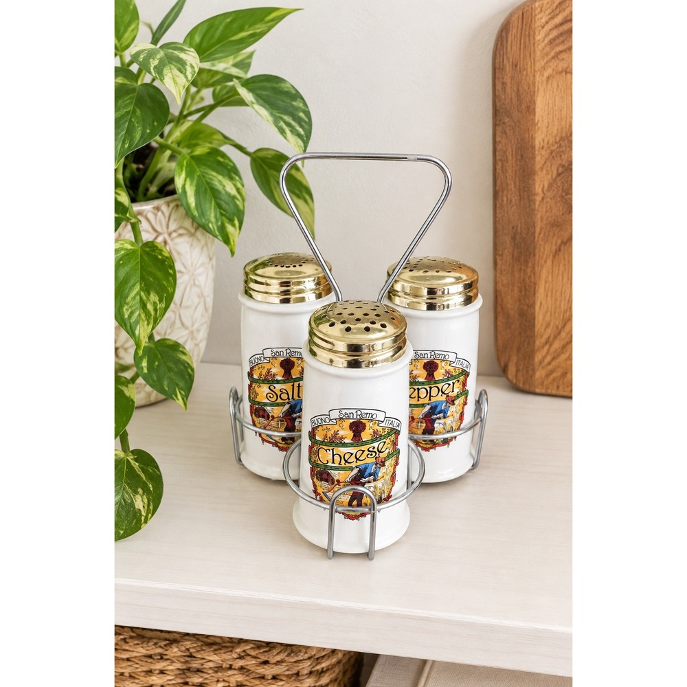 Vintage Himark Buono San Remo Italia Cheese Salt Pepper Shaker Set Caddy Cottage